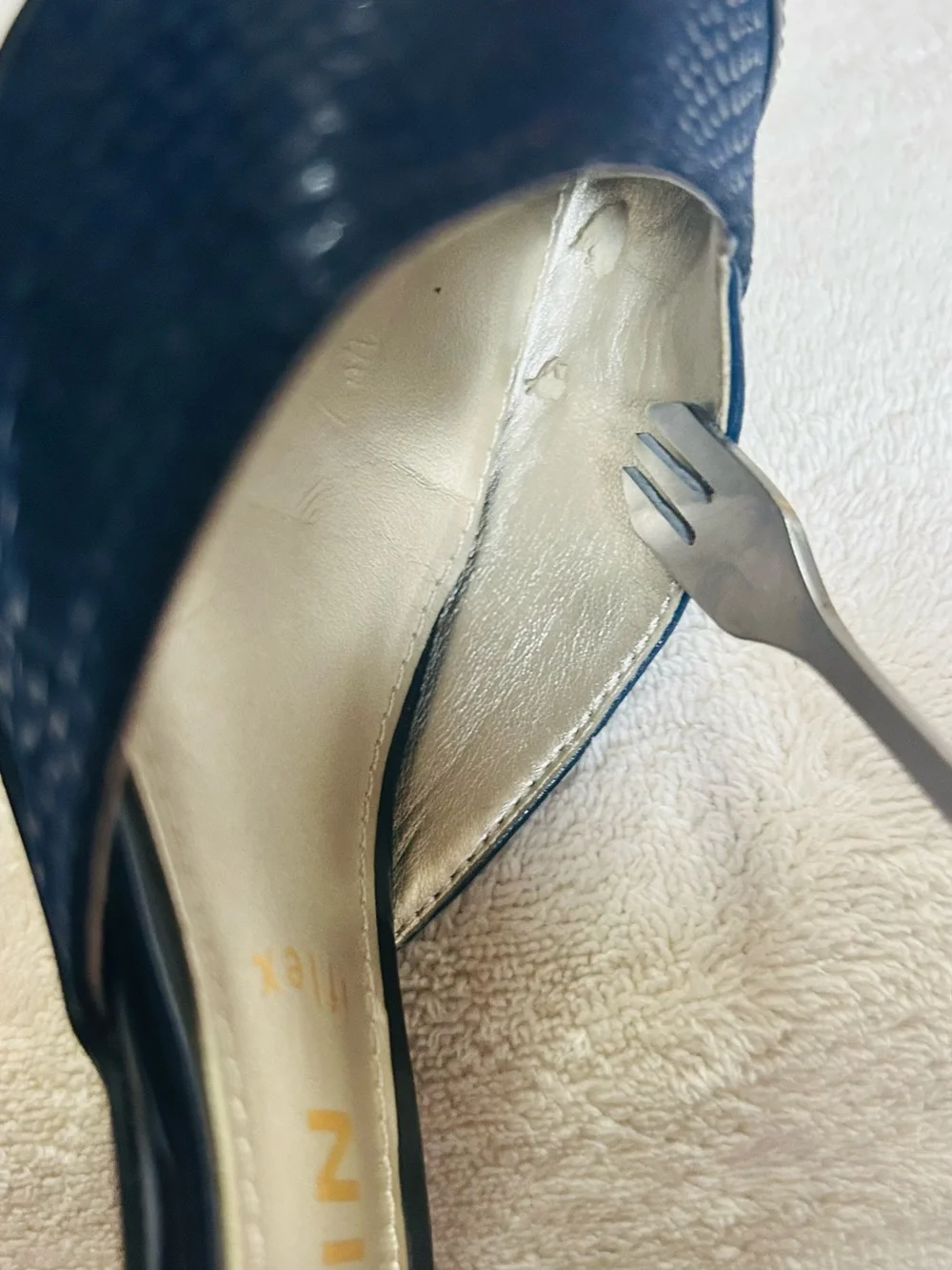 Ann KLein Iflex Ankle Straps Pumps Pointed Toe Navy Blue Textured Panel 7.5 Heel
